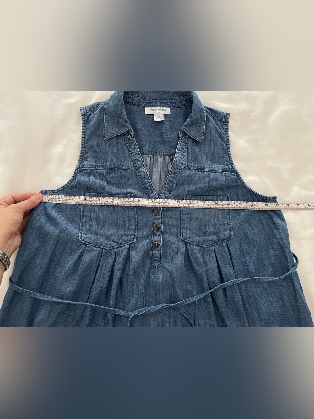 Motherhood Maternity Sleeveless Lightweight Blue Denim Pleated Too Sz. M - Picture 7 of 9
